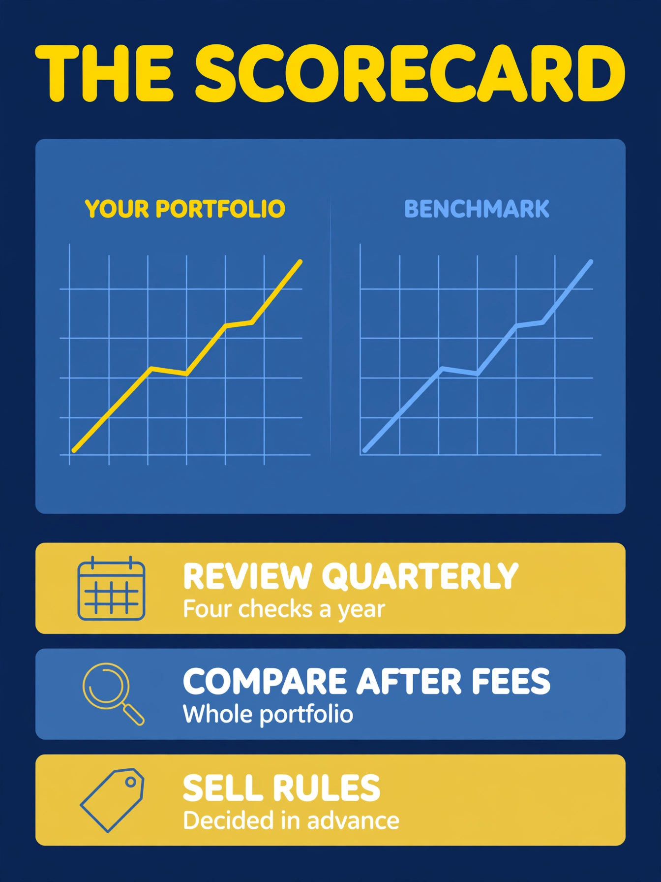 A scoreboard comparing a portfolio's growth line against its benchmark line over several years, with quarterly review checkpoints marked