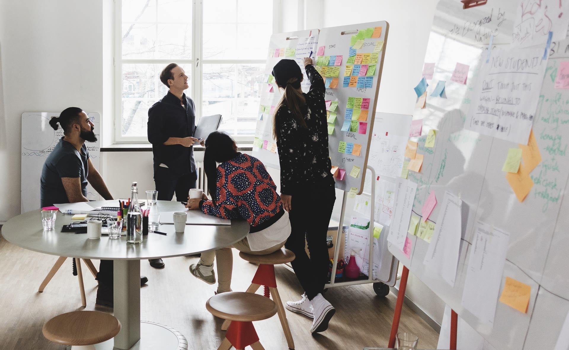 Founders planning a business launch on a whiteboard covered in sticky notes — from Module 2 of the Entrepreneurship Masterclass