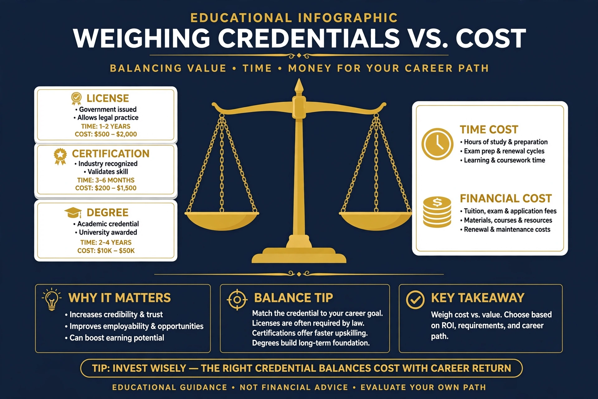 A balance scale comparing a license, a certification, and a degree against their time and money costs