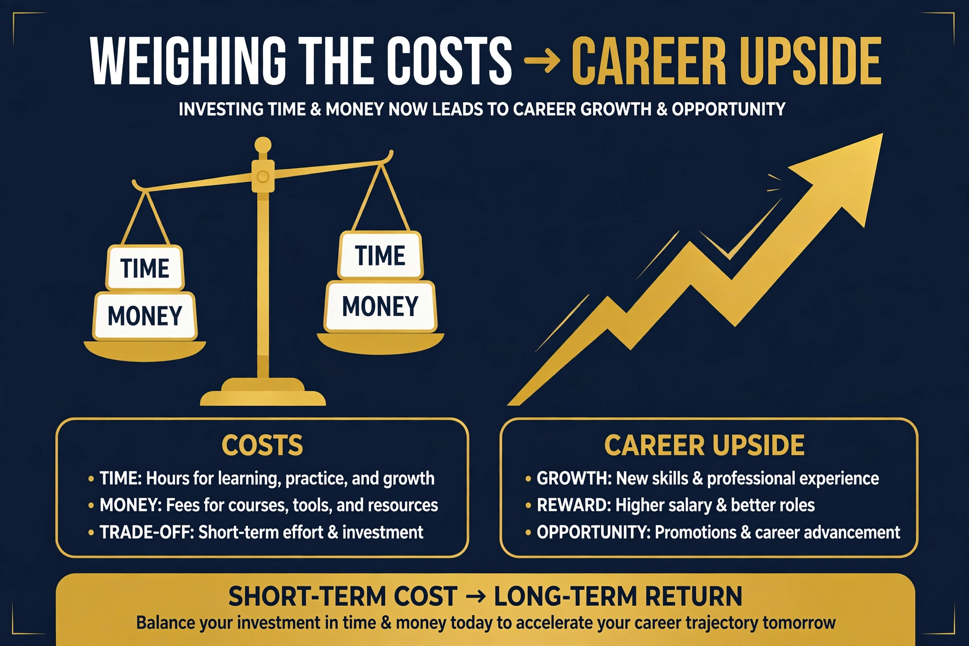 A balance scale weighing training time and money against career upside