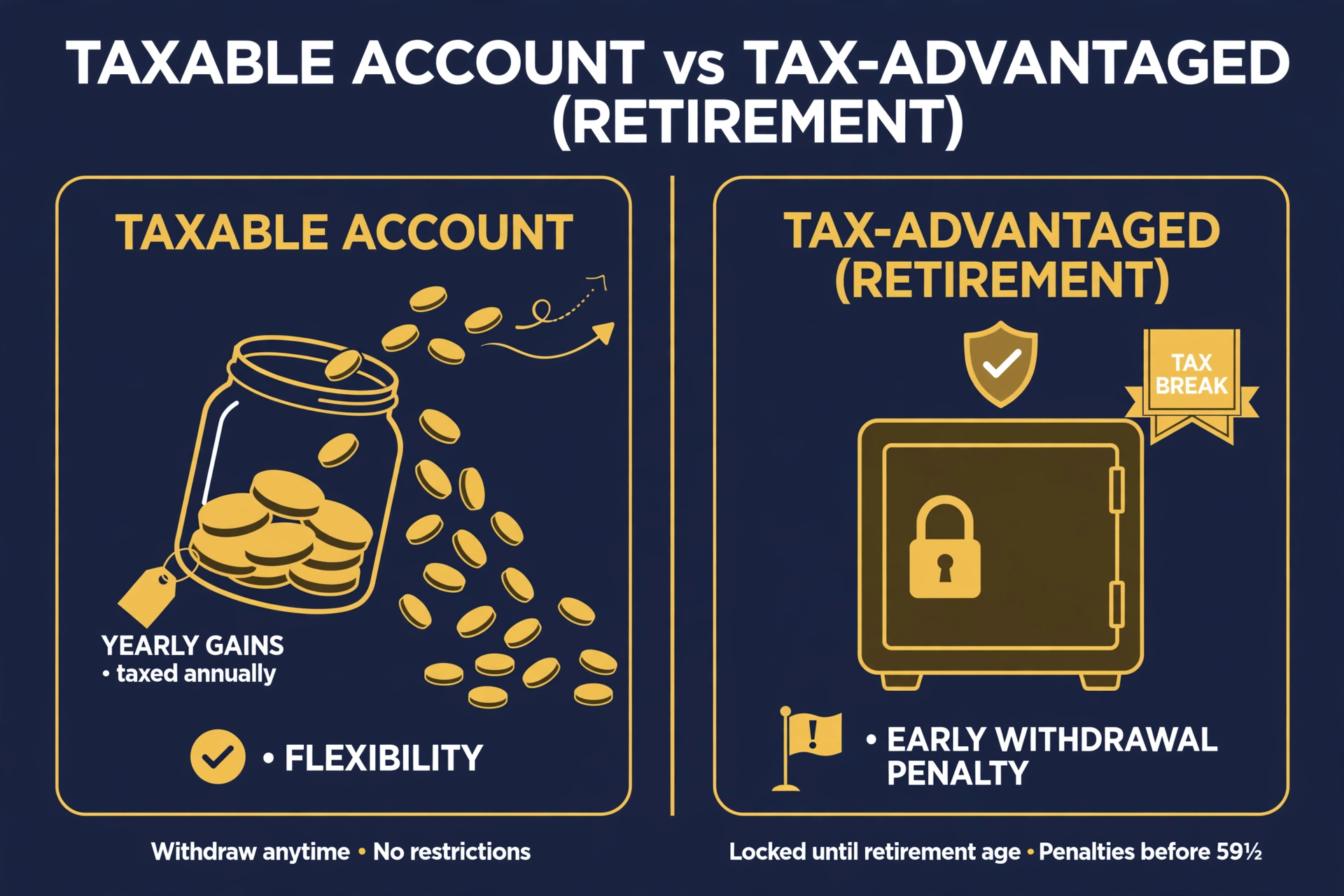 Taxable brokerage account versus tax-advantaged retirement account: taxable is flexible but taxed yearly, while retirement accounts offer tax breaks with yearly contribution limits and early-withdrawal penalties