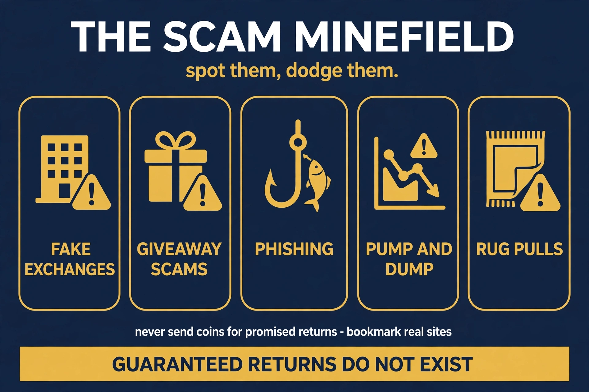 A minefield of crypto scams: fake exchanges, celebrity giveaway impersonation, phishing logins, pump-and-dump groups, and rug pulls — with the simple defenses that stop them