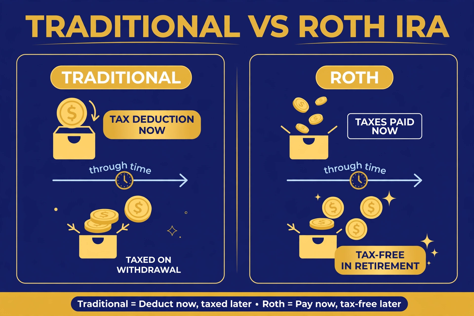A timeline comparing a Traditional IRA (tax deduction now, tax paid on withdrawal) with a Roth IRA (taxes paid now, tax-free withdrawal in retirement)