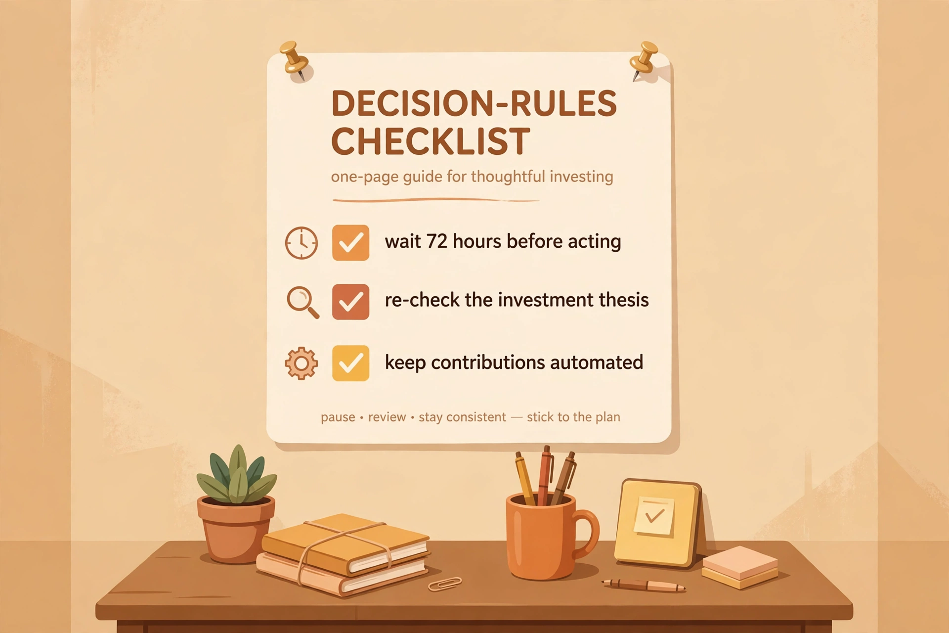 A one-page written decision-rules checklist pinned above a desk: wait 72 hours, check the thesis, automate contributions