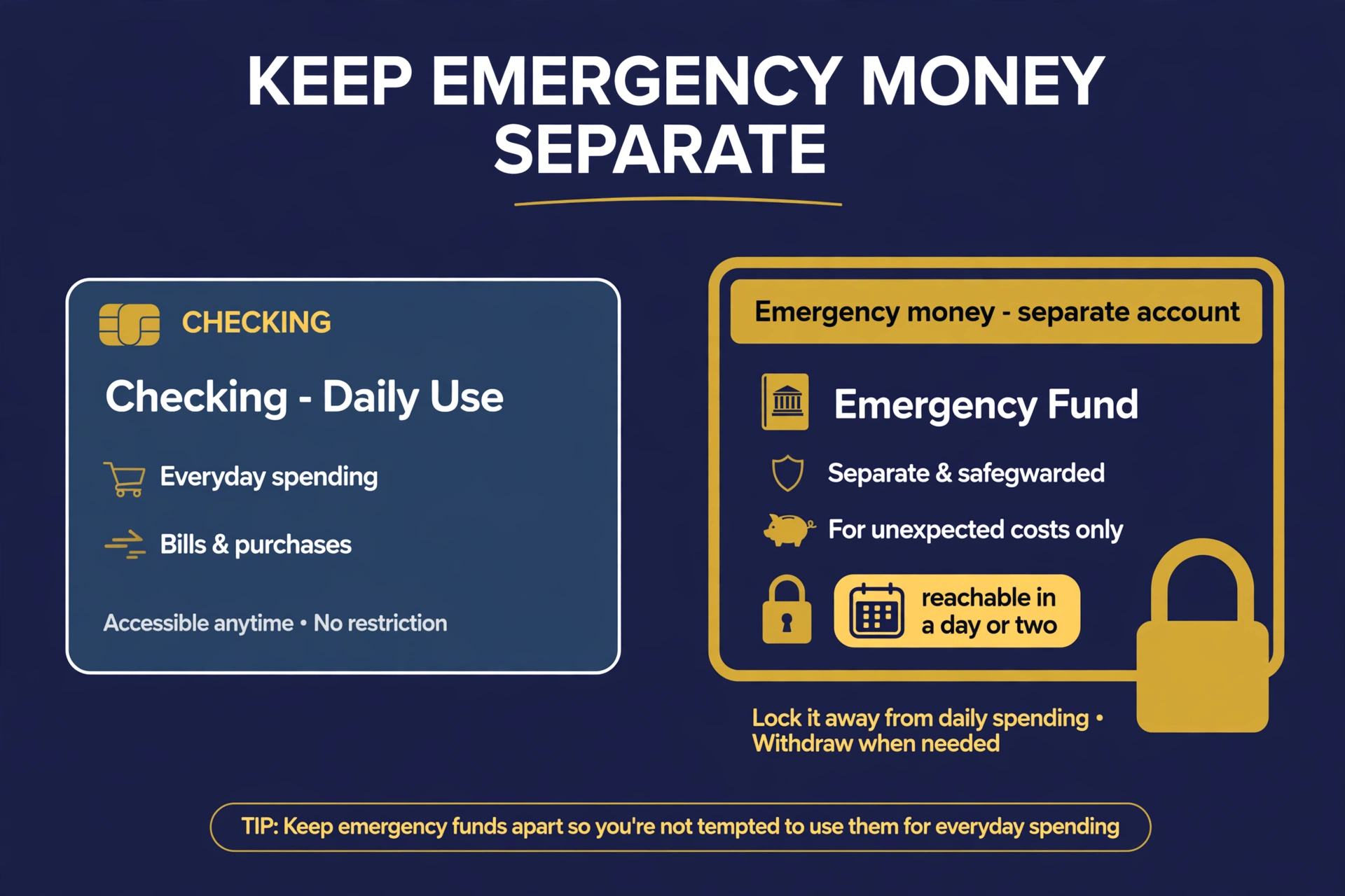 Emergency money kept in its own separate, easy-to-reach savings account