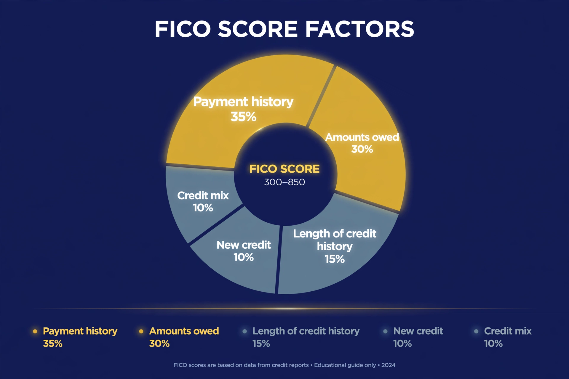 The five FICO score factors and their weights: payment history, amounts owed, length of history, new credit, credit mix