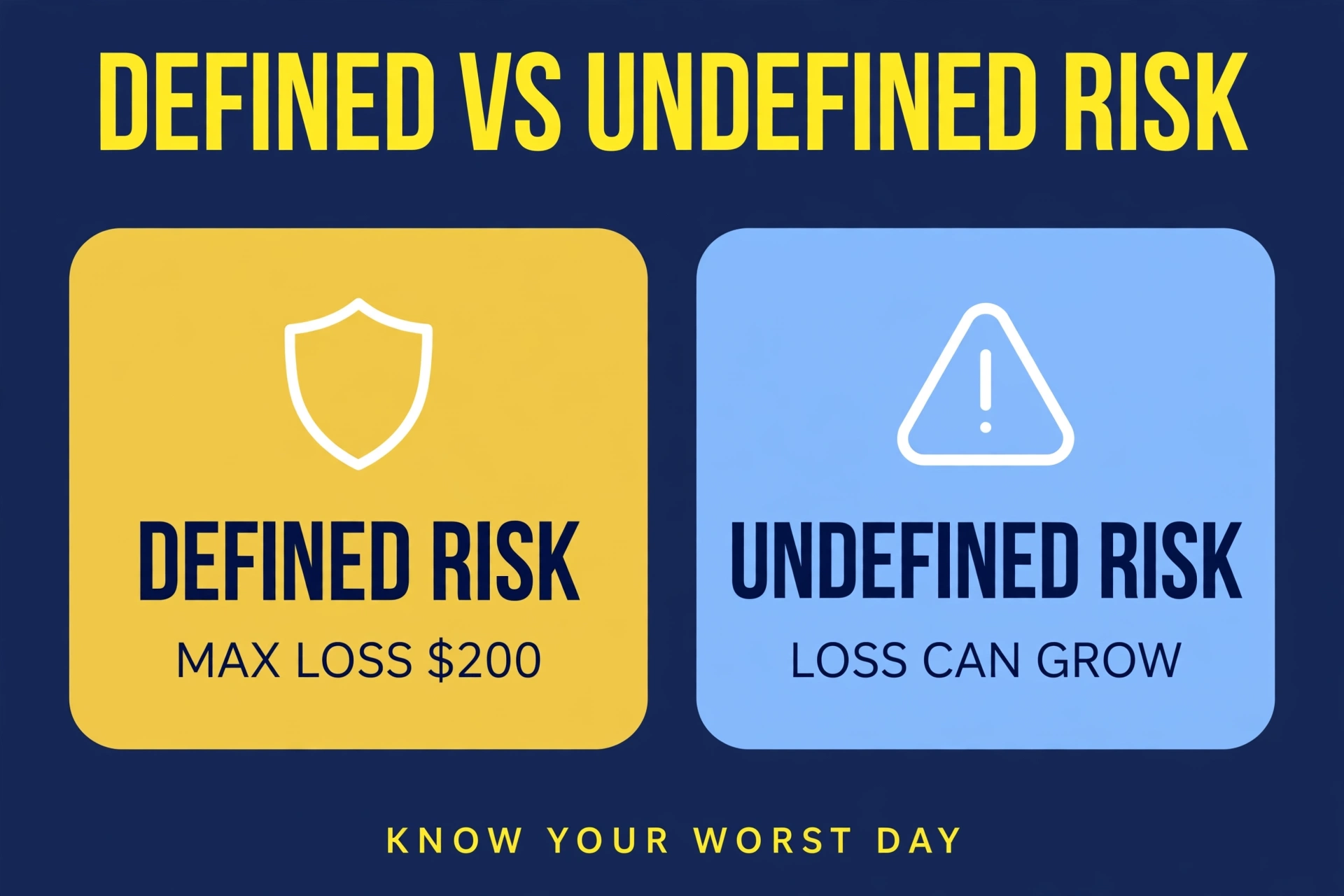 Two tiles comparing defined risk, where the maximum loss is capped at $200, against undefined risk, where losses can keep growing