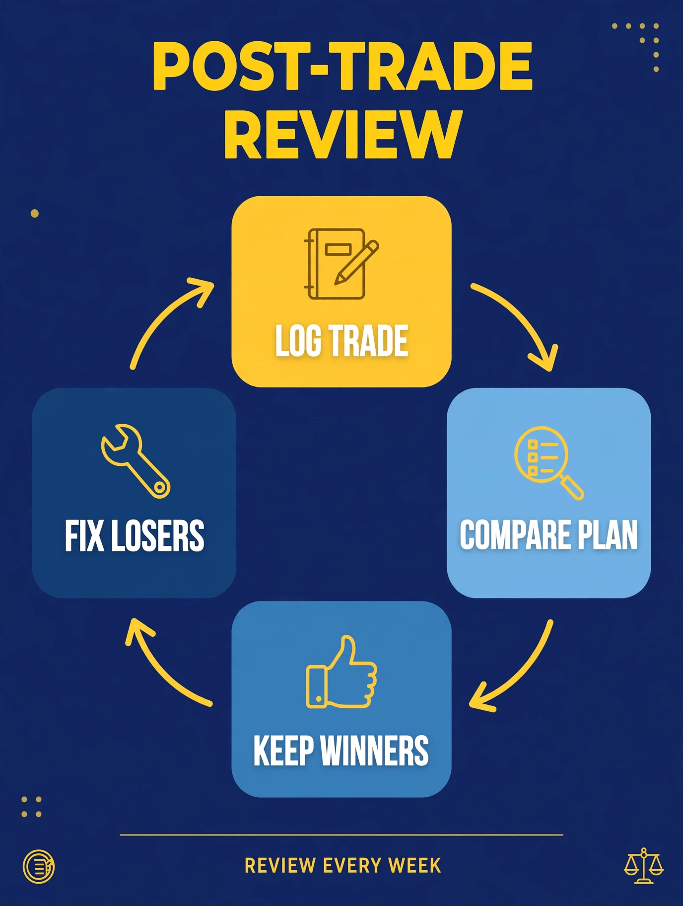 The post-trade review loop: log the trade, compare the outcome to the plan, keep what worked, fix what did not — review every week