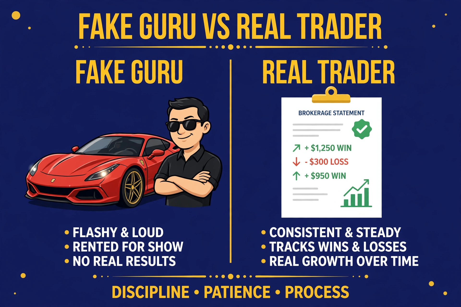 A split image: on one side a flashy rented sports car with a "guru" posing beside it, on the other side a plain verified brokerage statement with both wins and losses visible