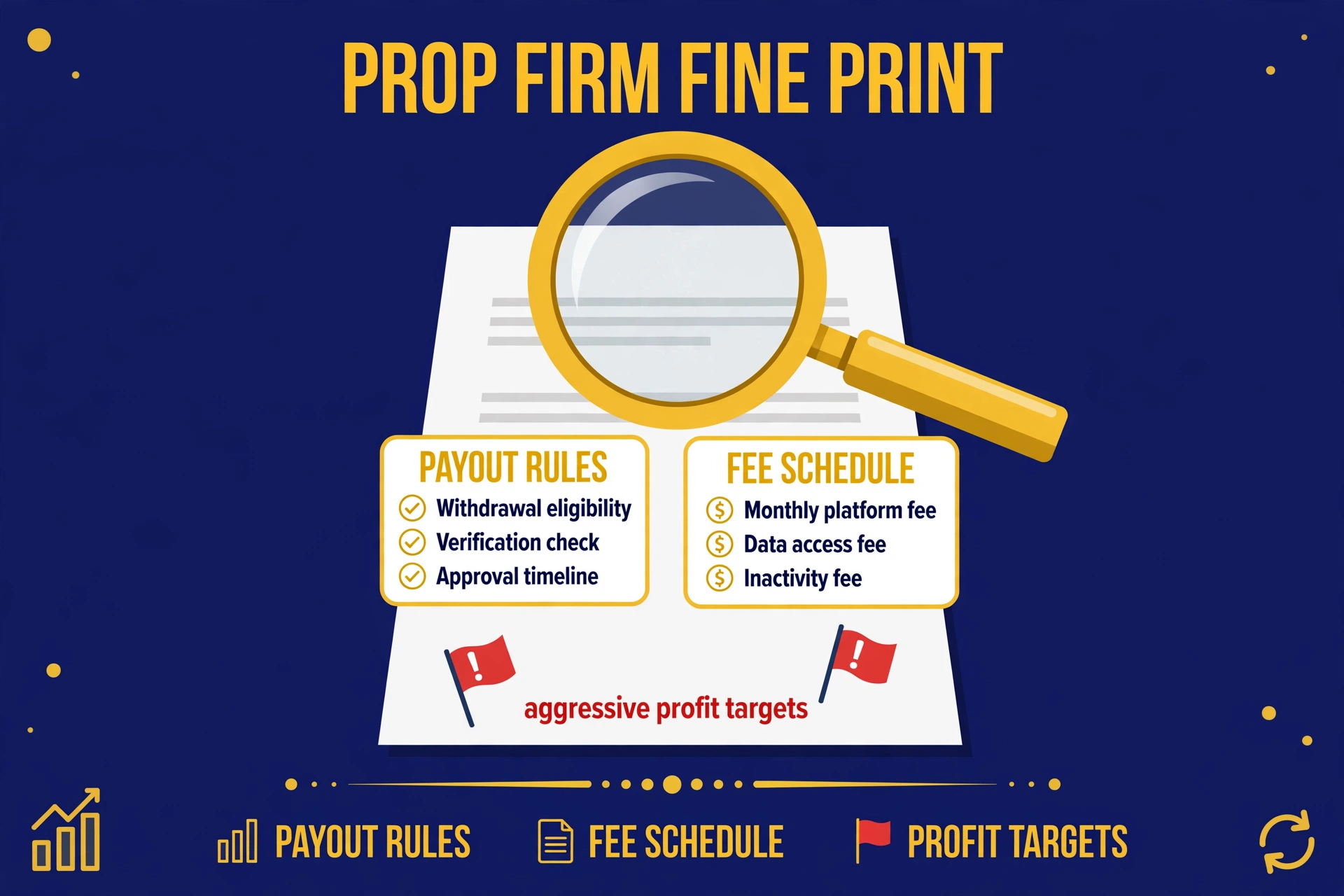 A magnifying glass over a prop firm contract highlighting the payout rules and fee schedule, with warning flags on aggressive profit targets