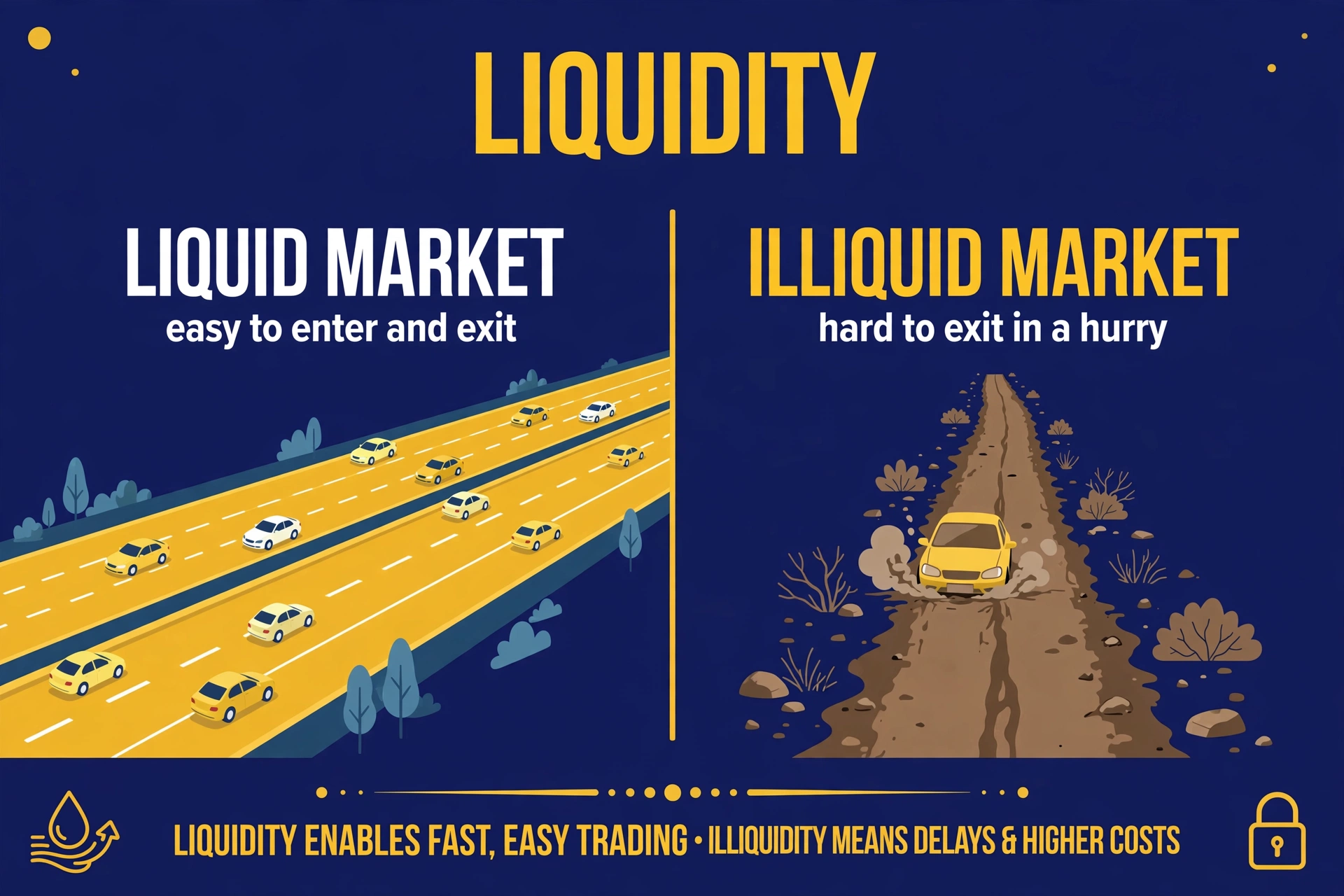 A wide busy highway labeled "Liquid market — easy to enter and exit" next to a narrow dirt road labeled "Illiquid market — hard to exit in a hurry"