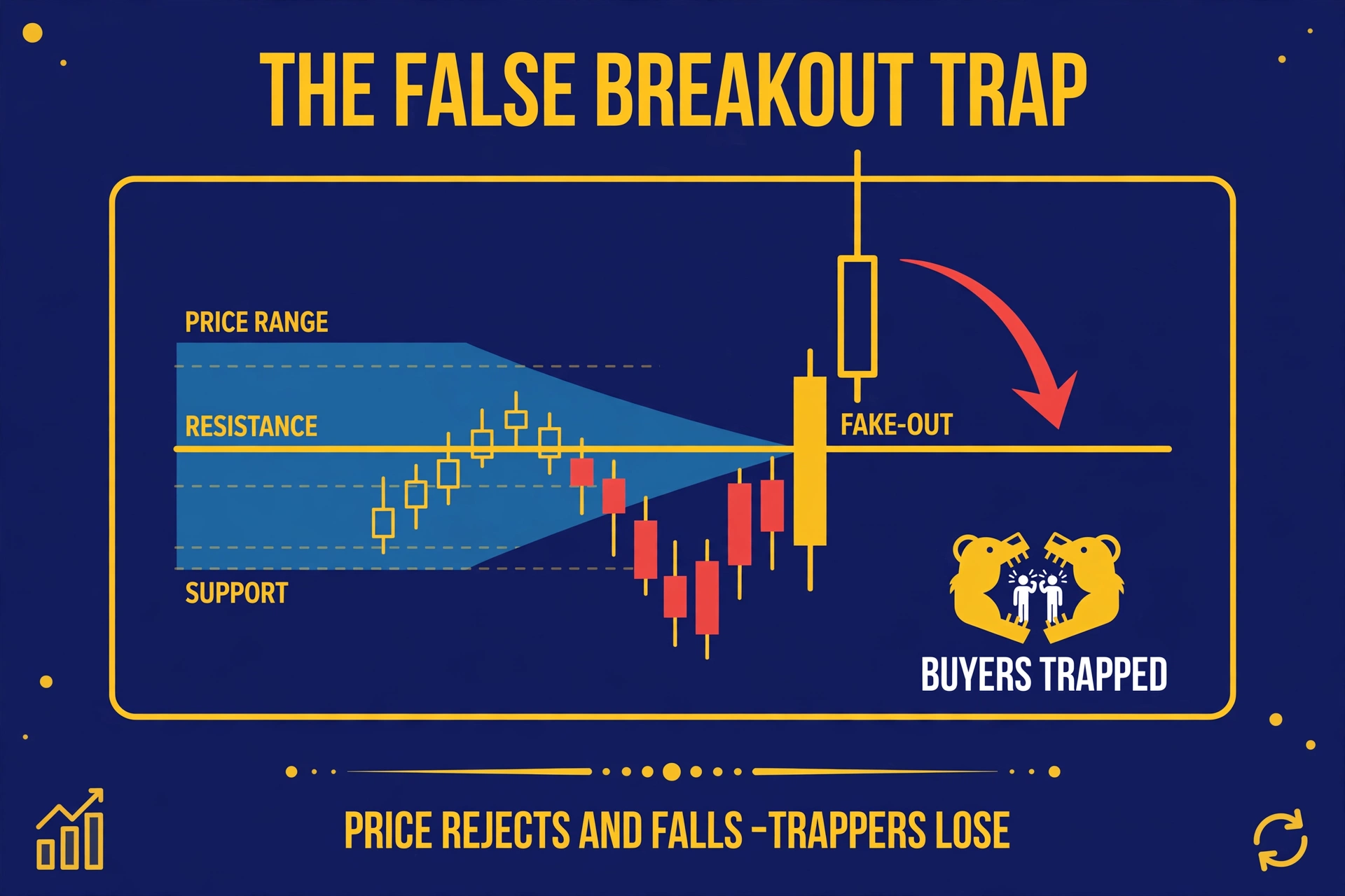 A chart showing a false breakout: price poking above resistance with a long wick, then collapsing back into the range, trapping the early buyers
