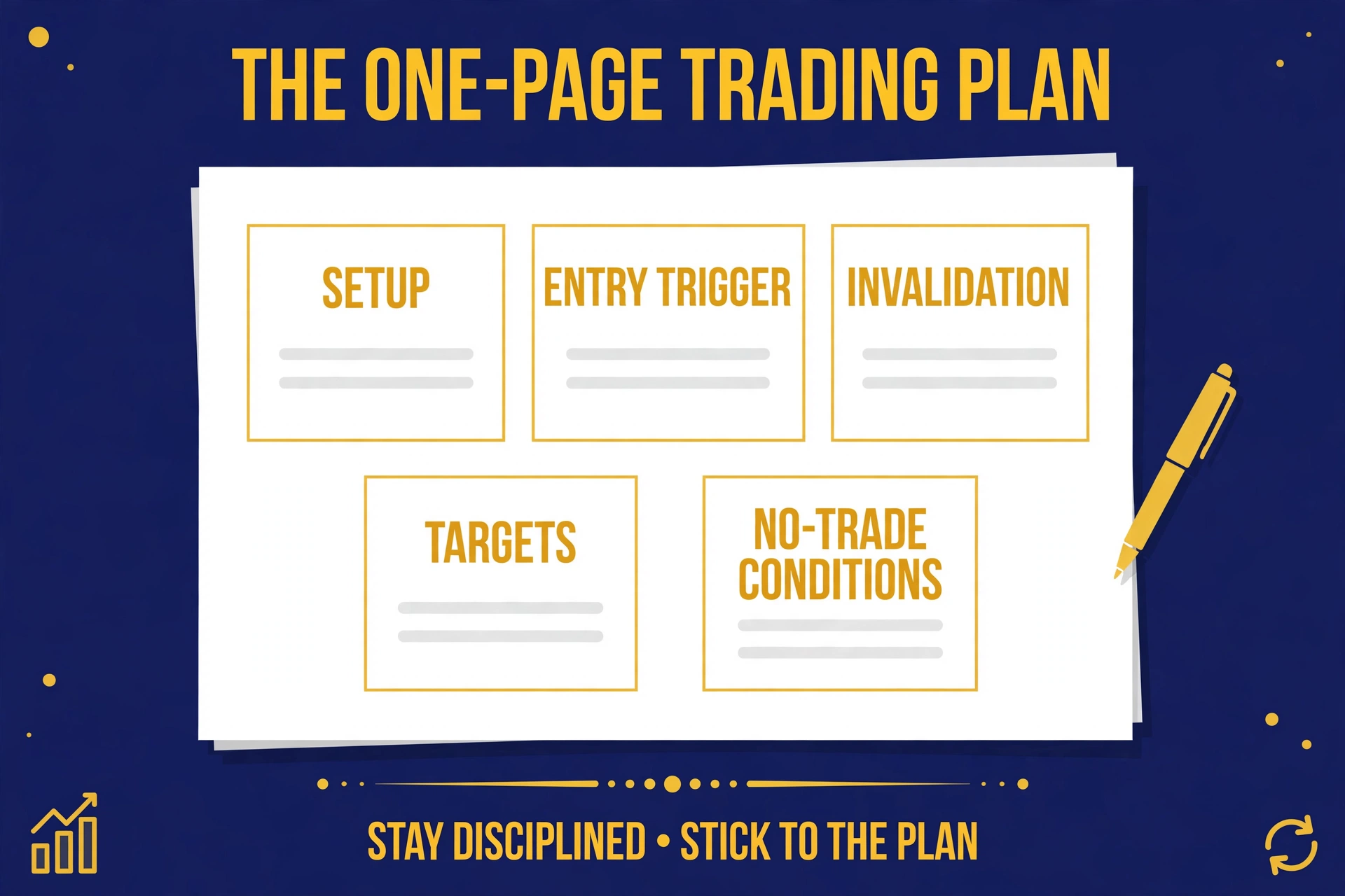 A one-page trading plan template showing five boxes: setup, entry trigger, invalidation, targets, and no-trade conditions