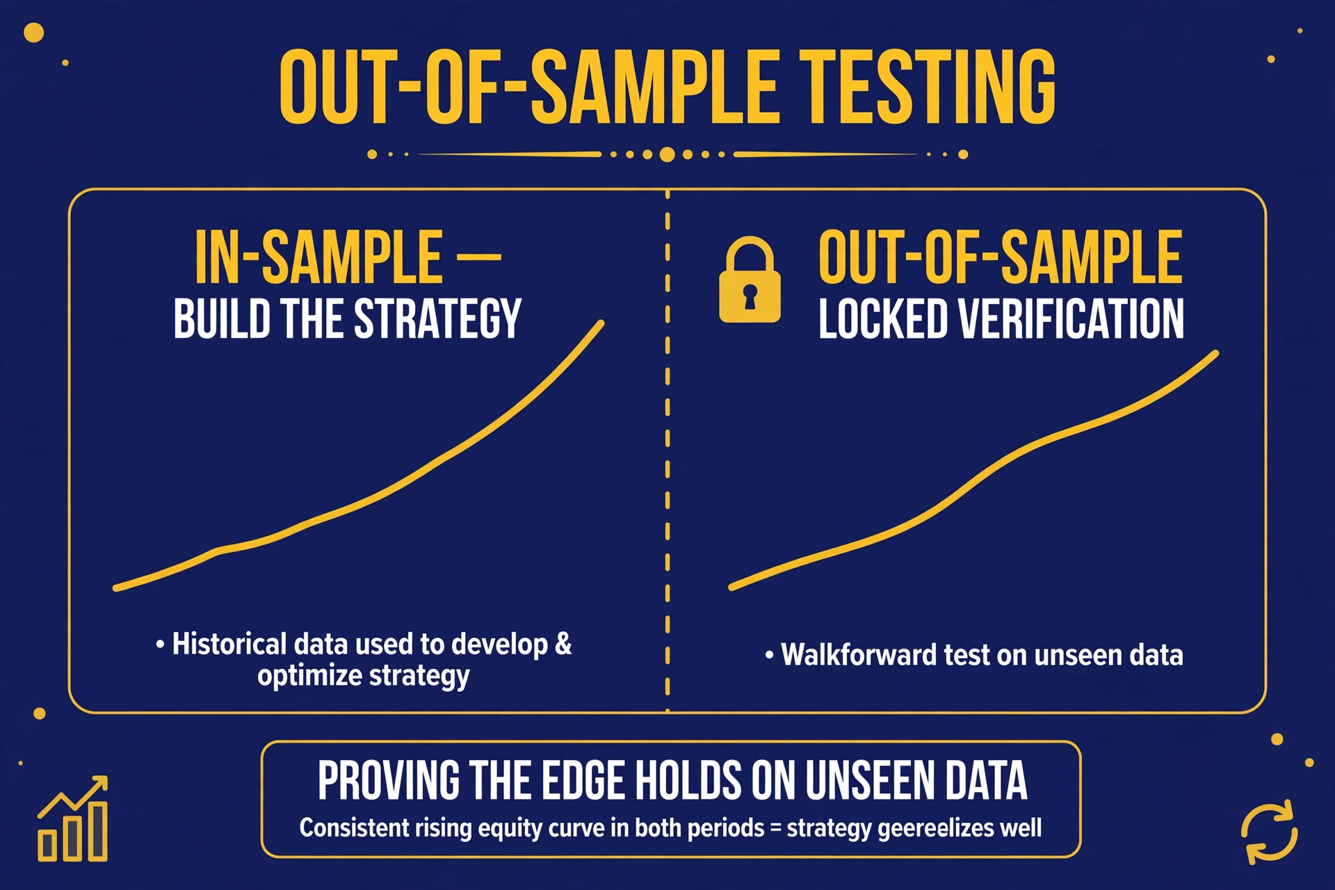 A backtest results chart split into two periods: an in-sample development zone and a locked out-of-sample verification zone showing similar modest profits