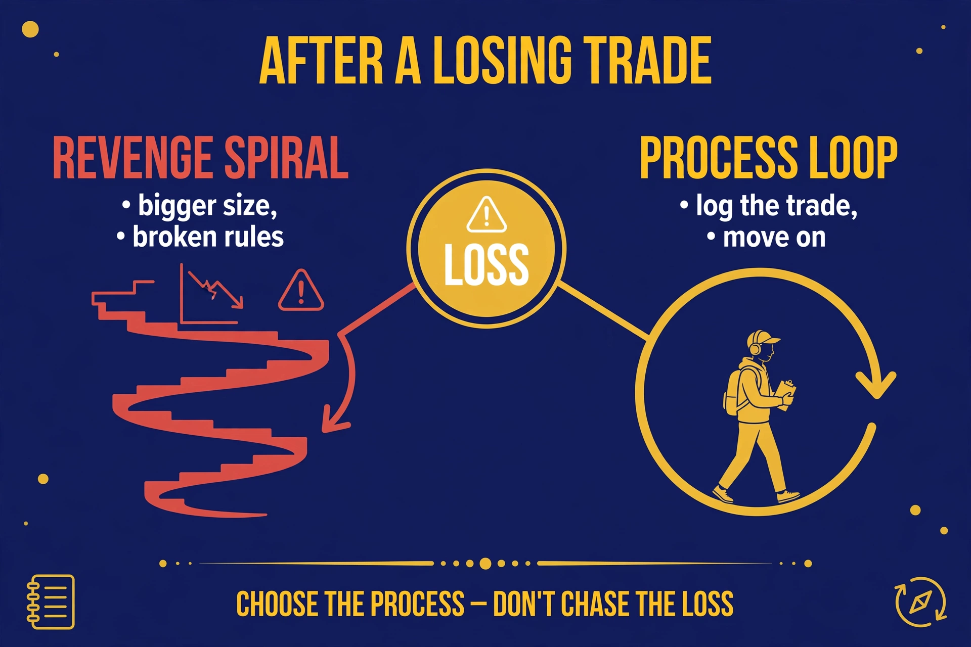Two paths after a losing trade: the revenge spiral of bigger size and broken rules diving downward, versus the calm process loop of logging the trade and moving on