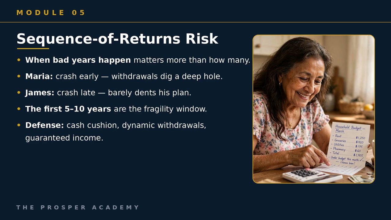 A frame from inside the Retirement Masterclass: Module 5, The Paycheck, teaching sequence-of-returns risk beside a photo of a woman reviewing her household budget